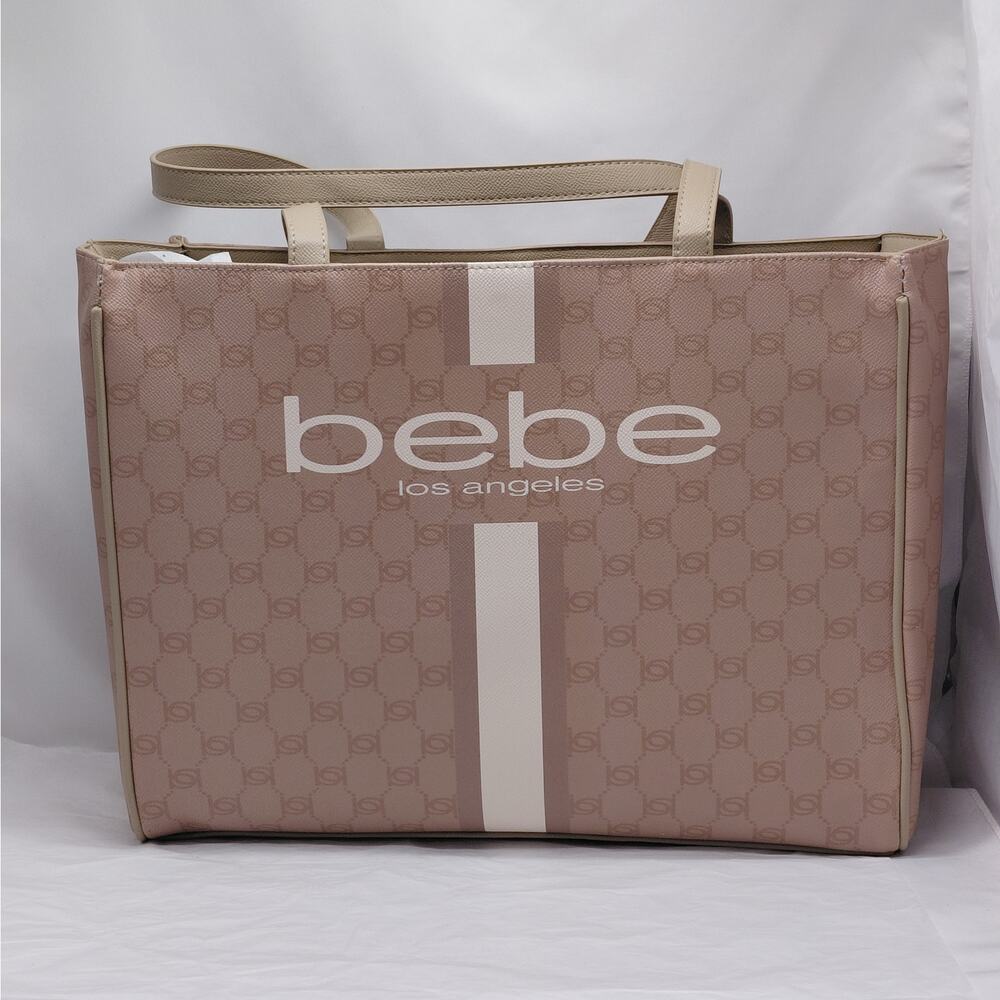 Bebe Womens Large Tote Bag Logo Print Shoulder Bag Work Travel Purse NWOT